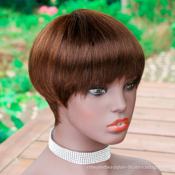 Brown Short Human Hair Wigs Pixie Cut Dark Ombre bob Wigs with Bangs Wigs for Women